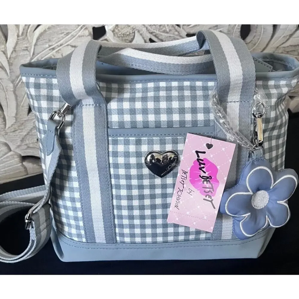 NWT Betsey Johnson Blue/Gray & White Check Crossbody/Tote Bag/Purse